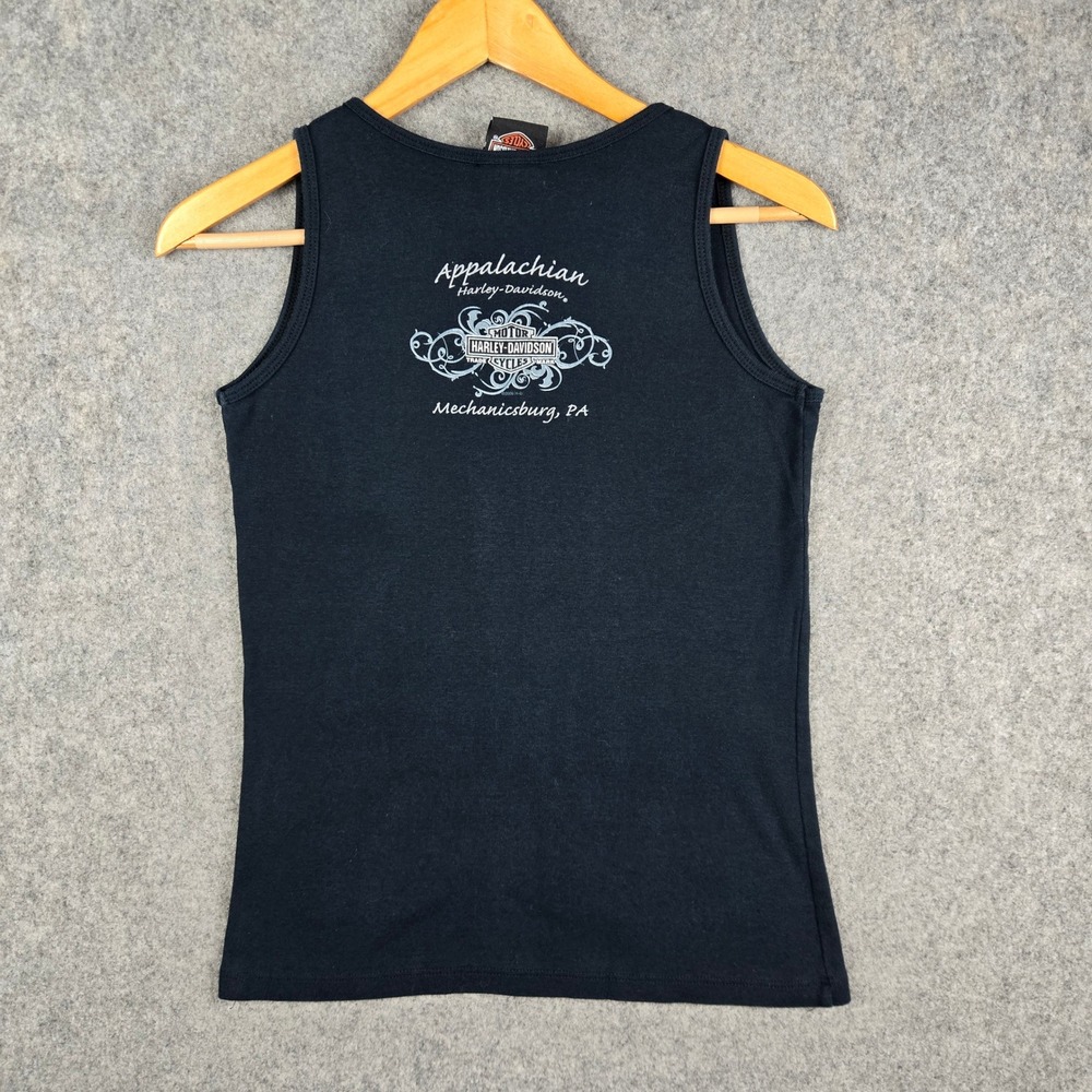 Harley Davidson Tank Top Womens Small Black Rose Rhinestone Graphic Biker Y2K - Picture 5 of 9